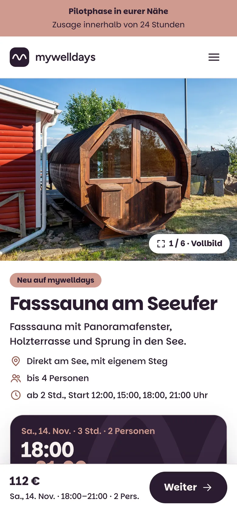 Dasselbe Inserat am Handy: großes Foto, darunter Titel und Buchungsfeld, unten 112 Euro und der Knopf „Weiter“.